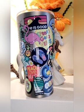 Life Is Good Stainless Tumbler with Pink Flamingo and Colorful Graphics 20oz